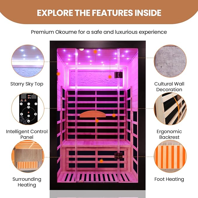 2 Person Sauna Room Far Infrared for Sauna Home Indoor 2000W/110V Low-EMF Wood Okoume Dry Sauna with Air Hole, Full Starry Sky Lights in 7 Color Remedies, Control Panel, Speaker - 47.3*41.3*74.8 IN