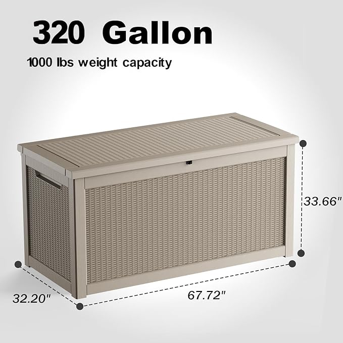 320 Gallon Waterproof Outdoor Storage Box,Large Resin Deck Box,Lockable Outside Storage Box Container for Patio Furniure,Garden,Tools (320 Gallon,Grey)