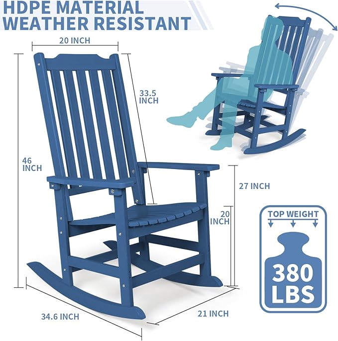Outdoor Rocking Chairs Set of 4, Oversized All Weather High Back Porch Rocker, Patio Rockers for Outside