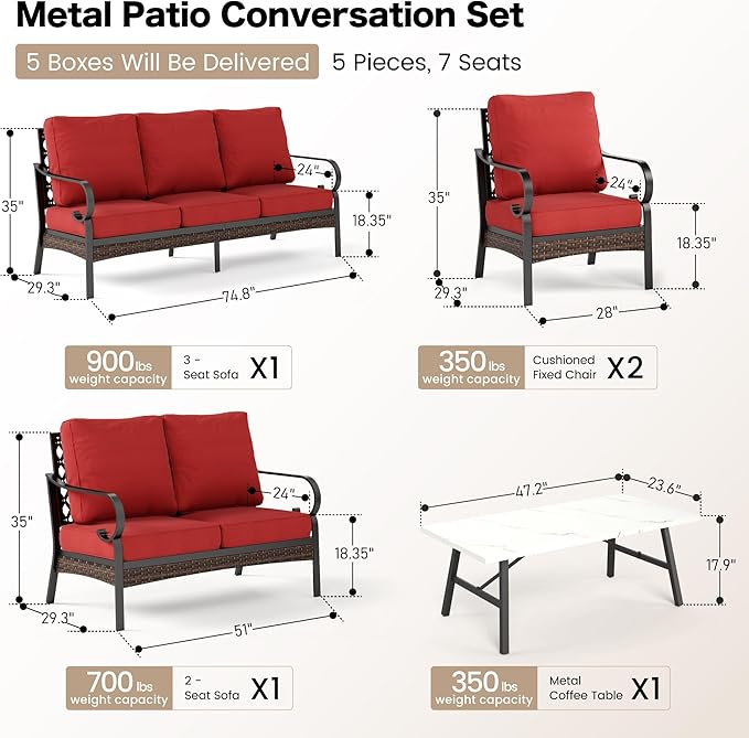 SUNSHINE VALLEY 5 Piece Metal Outdoor Patio Furniture Set, Patio Conversation Sets with 3-Seater Sofa, Loveseat, 2 Fixed Sofa (5.75" Thick Cushion) & Coffee Table Black Backyard Furniture, Rust Red