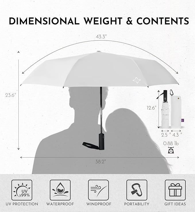 UV Travel Umbrella for Sun Protection & Rain, Compact Windproof Folding, Refined craftsmanship, Auto Open/Close, 43" Canopy with color coating, UPF 100+ UV Blocking, TSA Approved