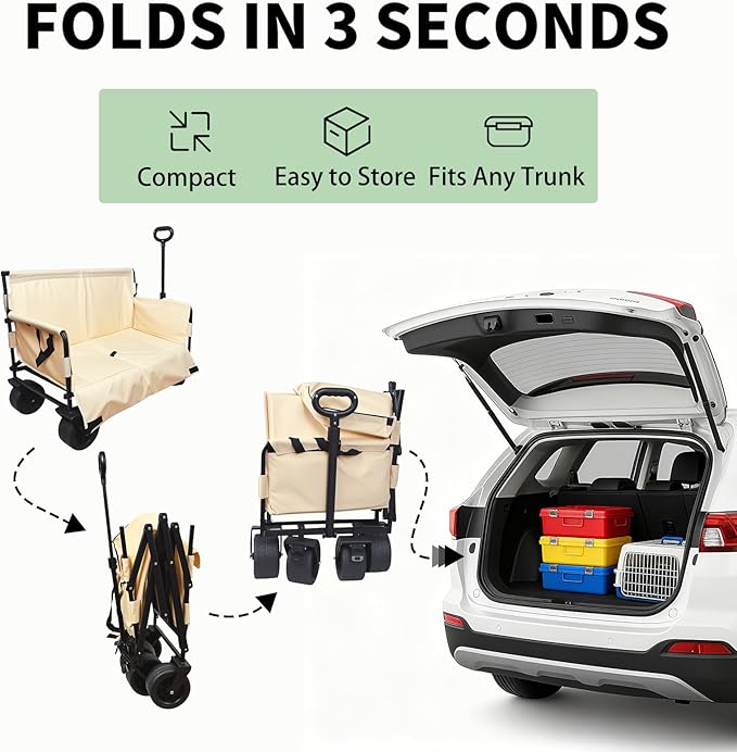 Collapsible Folding Wagon, Foldable Beach Wagon Cart with 300L Storage Collapsible 330LBS Folding Cart Adjustable Handle, Outdoor Utility Wagon for Groceries, Camping, Sports, Shopping(White)