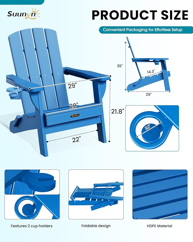 Folding Adirondack Chair 4 Pack, HDPE All-Weather Fire Pit Chairs, Plastic Adirondack Chairs with 2 Cup Holder, Outdoor Lawn Chair for Patio Garden (Royal Blue)