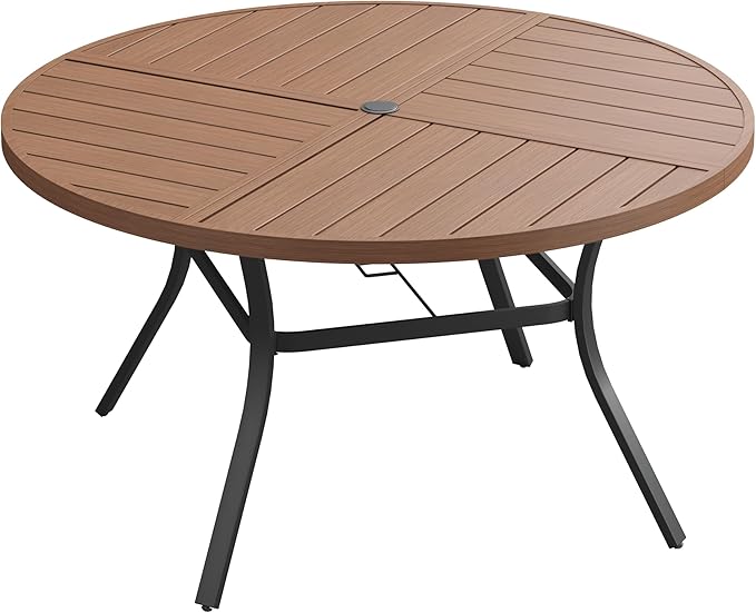 VICLLAX Round Patio Dining Table, 6 Person Metal Outdoor Dining Table with Umbrella Hole and Storage Shelf for Garden Lawn Deck, 50" Walnut