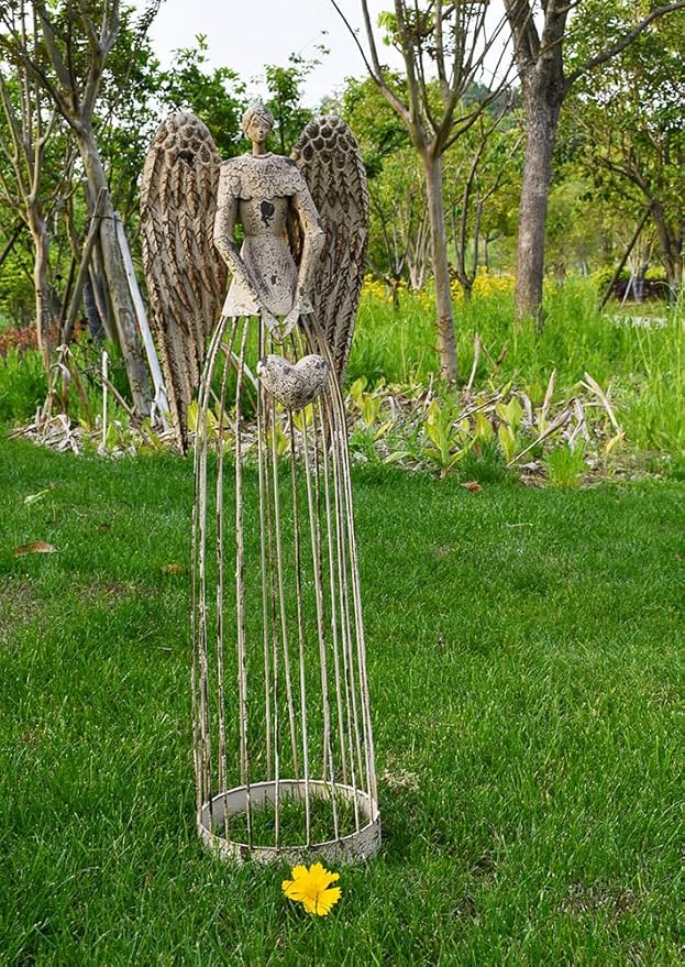 Linfevisi Garden Angel Statue Decor Rustic Metal Angel Sculpture Garden Yard Art Heavenly Home Decor Antiqued Accent Housewarming Gift 2 Pack (Star & Heart)