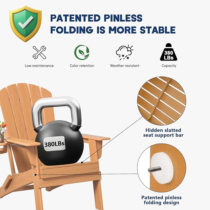 Plawdlik Folding Adirondack Chair, SGS Tested, Wooden Textured with Cup Holder, Heavy All-Weather HDPE Comfortable Set Poolside Backyard Lawn Teak