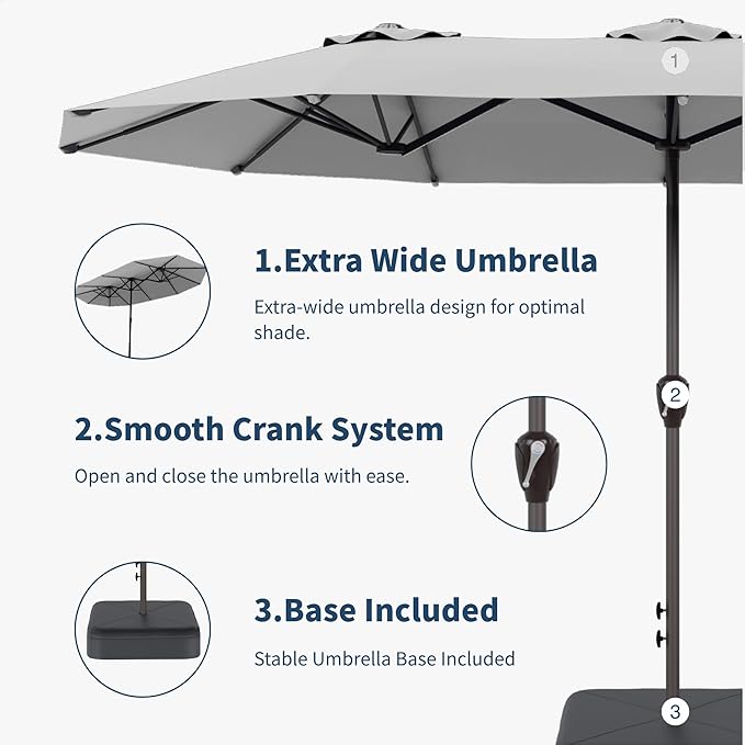 15FT Double Sided Patio Umbrella with Base Included Large Outdoor Market Umbrella with Crank Handle, UV Resistant Canopy, Sturdy Frame for Garden, Poolside, Deck, Light Gray