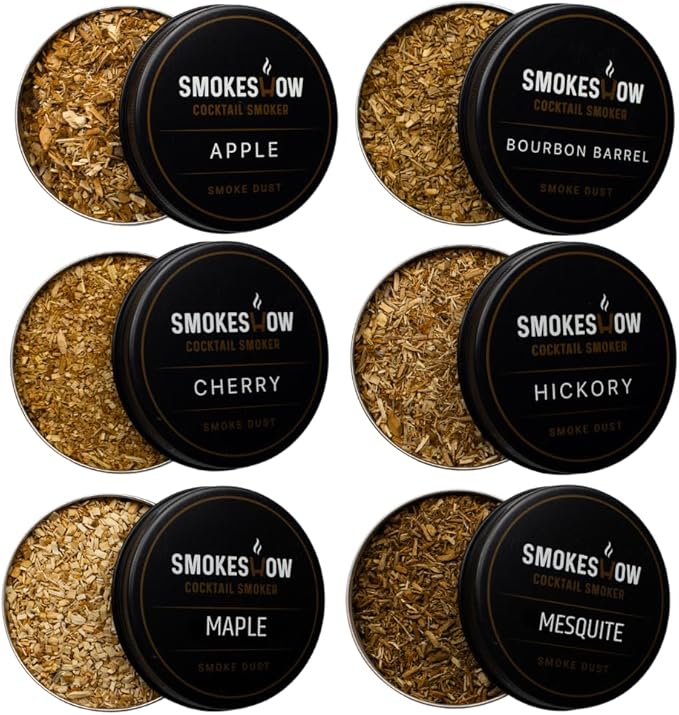 Wood Chips for Cocktail Smoker 4 oz tins. Apple, Hickory, Cherry, Bourbon Soaked Oak, Maple & Mesquite (6-Pack - All Wood Chips)