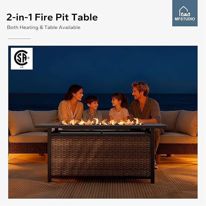 MFSTUDIO 10 Pieces Wicker Patio Furniture Set with 56" Fire Pit Table, Half-Moon Curved Outdoor Patio Sectional Sofas, Extra Large Rattan Outdoor Conversation Set for Garden, Backyard(Beige Cushion)