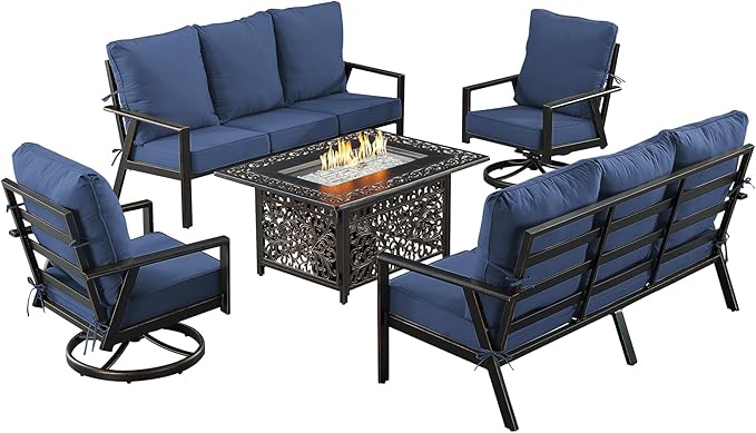 Oakland Living Black Aluminum Patio Fire Table Set with Two Deep Seating Sofa with Cushions and Two Club Chairs with Blue Cushions