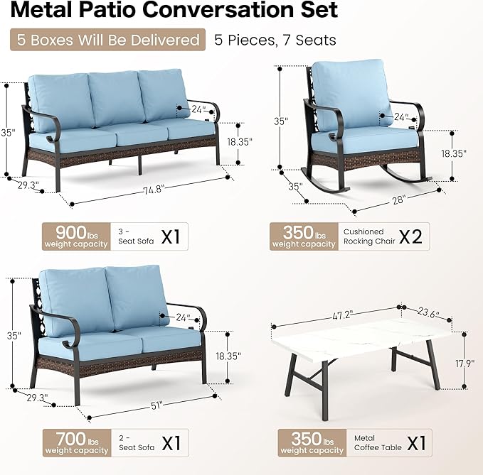 SUNSHINE VALLEY 5 Piece Metal Outdoor Patio Furniture Set, Patio Conversation Sets 3-Seater Sofa, 2-Seater Sofa, 2 Rocking Sofa with 5.75" Thick Cushion & Coffee Table Black Backyard Furniture, Blue