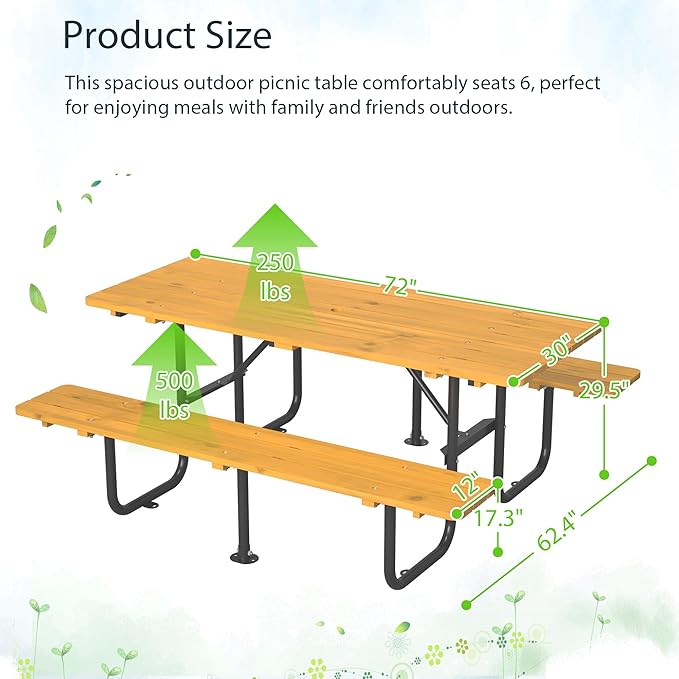 Rueekfil 72" Rectangular Commercial Picnic Table with Wooden Top, Metal Legs, Durable Outdoor Dining Table Camping Table with 1.97" Umbrella Hole for School, Warehouse, Yellow