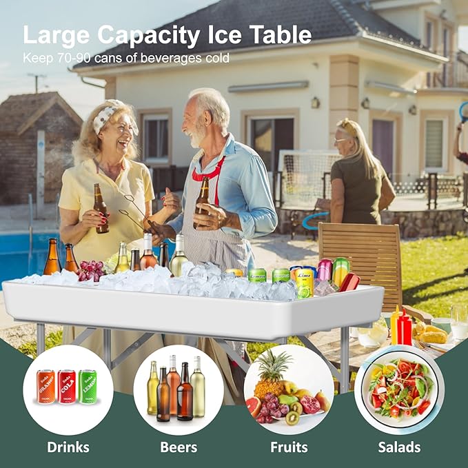 IWDOO 4 Foot Ice Cooler Table, Outdoor Cooler Table with Removable Matching Skirt and Shelf, Folding Ice Tables for Party, BBQ, Camping, Picnic, Portable Foldable Self-Serving Beverage Cooling Bar