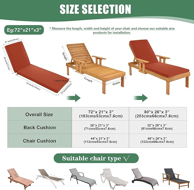 Chaise Lounge Cushions Outdoor - Waterproof and Fade Resistant Sun Lounger Replacement Cushions - Patio Lounger Pads with Removable Cover for Pool, Deck, Lawn, 72 x 21 x 3 Inch, Rust