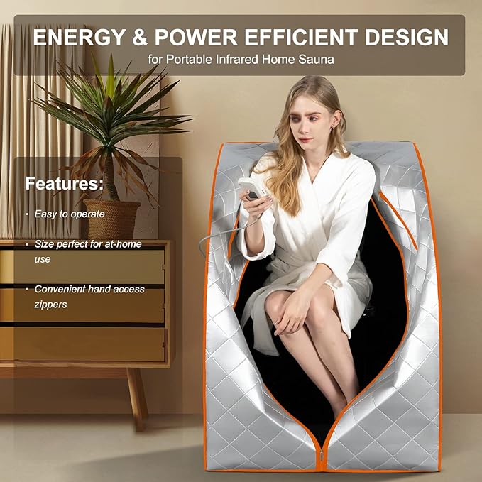 ZONEMEL Infrared Sauna, 1 Person Full Body Sauna, 3 Far Infrared Heating Panels, Remote Control, Built-in Foot Pad, Hand Pocket, Portable Folding Chair (L 27.6’’ x W 31.5’’ x H 37.8’’, Silver Orange)