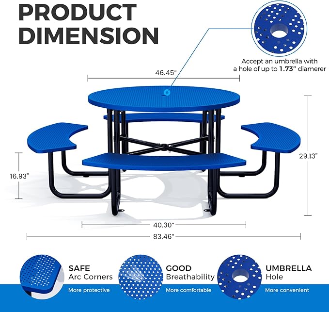 Rueekfil 46" Coated Picnic Table with Umbrella Hole, Heavy Duty Commercial Picnic Table for Outdoors, Family & Party Ready for School Camping, Round, Blue
