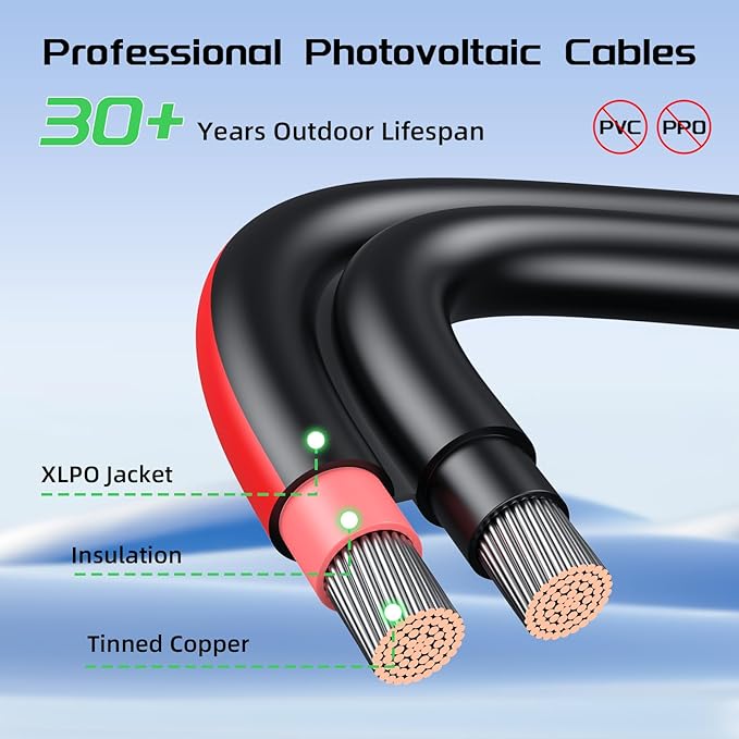 Bateria Power 10 Feet 10AWG Solar Panel Extension Cable, 6mm² Twin Wire Conductor Parallel Solar Wire Adapter Kit with Waterproof Female & Male Solar Connectors for RV, Marine, Photovoltaic Systems