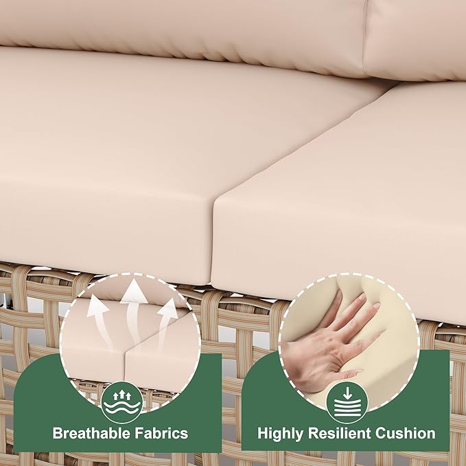 Patio Furniture Set, Outdoor Couch with Glass Coffee Table&Thick Cushion, Wicker Chaise Longue Sofa Set, All-Weather PE Rattan Conversation Set for Garden, Deck, Poolside(3pcs Yellow&Beige)