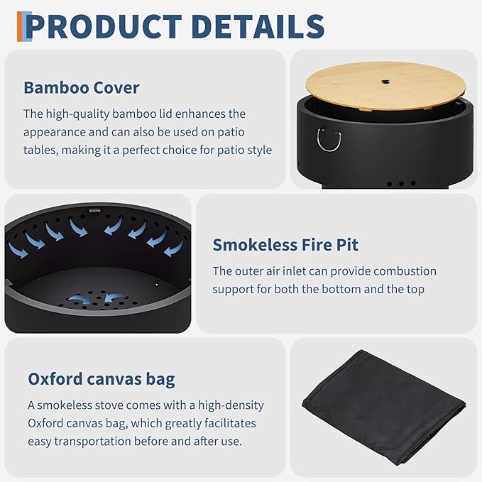 Garvee 30 in Smokeless Fire Pits, Wood Burning Firepits with Fire Poker, Outdoor Portable Fire Pits with Removable Ash Pan and Hardwood Top, Backyard Fireplace for Camping, Picnic