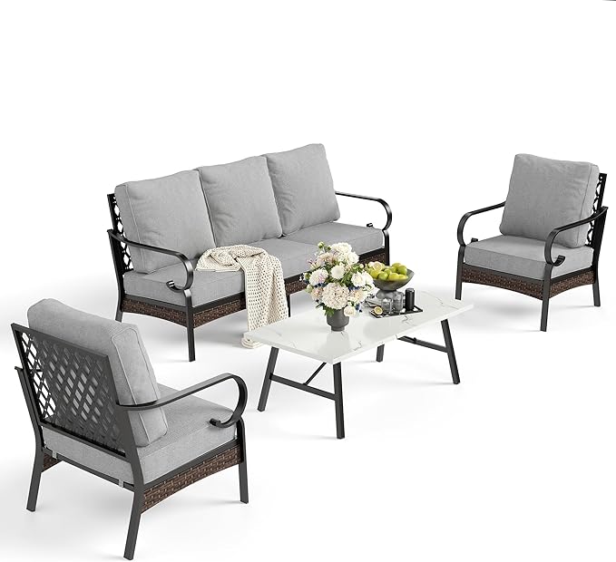 SUNSHINE VALLEY 4 Piece Metal Outdoor Patio Furniture Set, Patio Conversation Sets 1 3-seater Sofa, 2 Chairs with 5.75" Extra Thick Cushion and Coffee Table, Black Frame Backyard Furniture, Light Gray