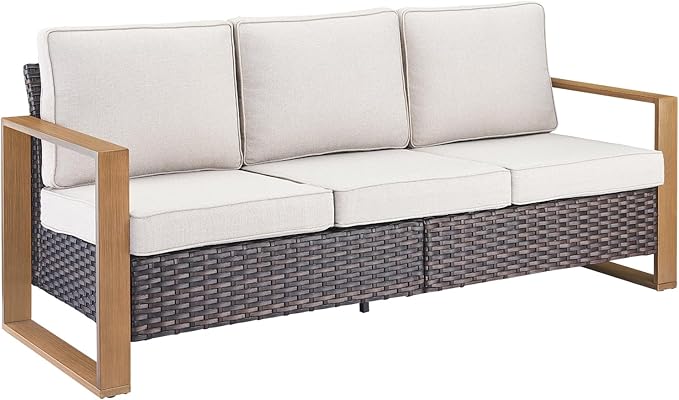 Rilyson Outdoor Couch Wicker Patio Sofa, Rattan Patio Furniture Sofa with Sturdy Frame,All-Weather PE Wicker,Wide Armrest,Deep Seating and Thick Cushions for Deck Porch Garden(Brown/Beige)