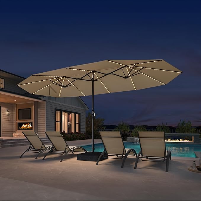 PURPLE LEAF 15ft Patio Market Umbrella with Solar LED and Base Double-Sided Rectangle Outdoor Table Sun Umbrellas with Crank for Pool Beach Deck Backyard Khaki