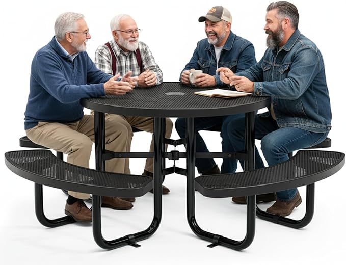 Metal Picnic Tables for Outdoors with Umbrella Hole - Coated Steel Heavy Duty Commercial Grade Furniture Set with Adjustable Seats (Black, 46 in, Round, Punched Steel)