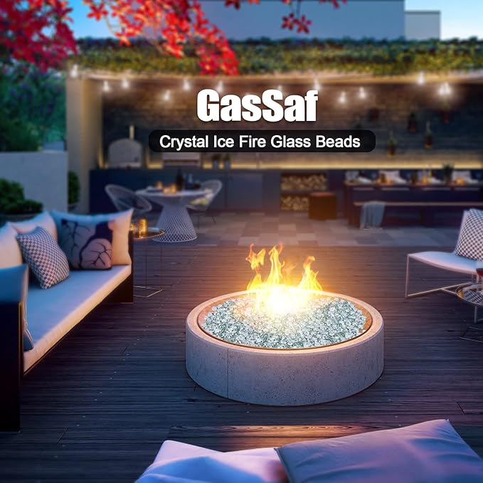 GasSaf Clear Fire Glass Beads for Outdoor Fire Pit, Fireplace, Replaces Existing Gas Logs & Lava Rocks, 3/4 Inch Glass(20 Pound)(Crystal Clear Luster)