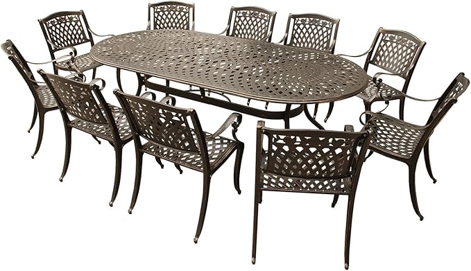 Oakland Living Rose Contemporary Modern and Ornate Mesh Lattice 95 inch Bronze Oval Ten Chairs Outdoor Aluminum Patio Dining Set, Large