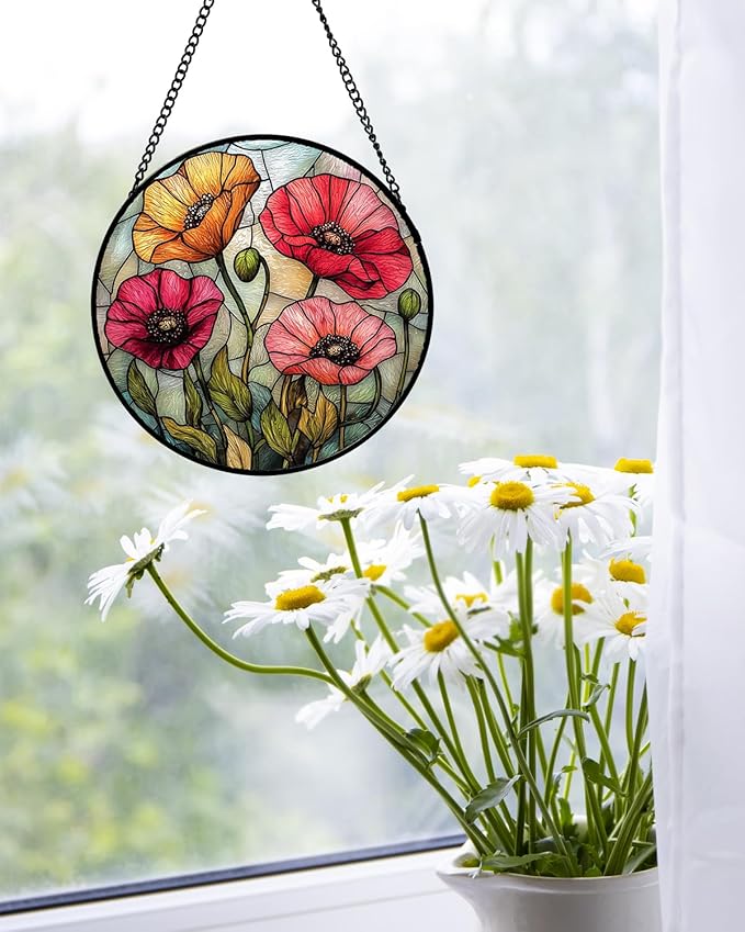 AMDERVEN Stained Glass Suncatcher, Red Orange Poppy Flowers Sun Catcher Silver Background Wildflowers Window Hanging Decor Christmas Mother Birthday Gifts for Women Men Mom Nana 6.3 in
