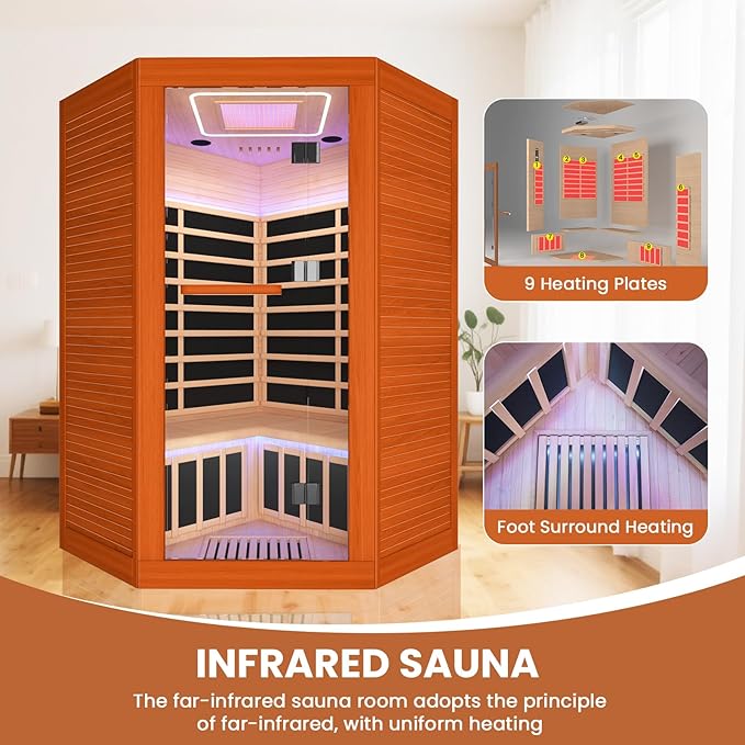 2-3 Person Sauna Corner Sauna Far Infrared Saunas Room Home Canadian Hemlock Indoor 2100W Low-EMF Dry Saunas with Red Light Therapy Beauty Lamp 47.2 * 47.2 * 74.8inch