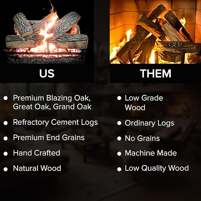 24" Premium Gas Logs - Remote Control Kit Included - for Natural Gas Vented Fireplaces - Blazing Oak Design (Logs + Remote Light Kit)