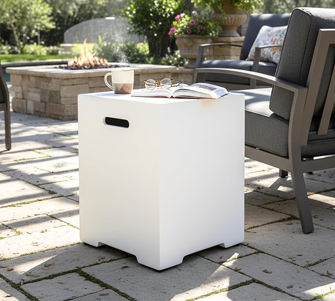 16-Inch Propane Tank Cover,20 LB Outdoor Tank Storage Hideaway Side Table for Gas Fire Pits,Light Concrete Tank Holder,White