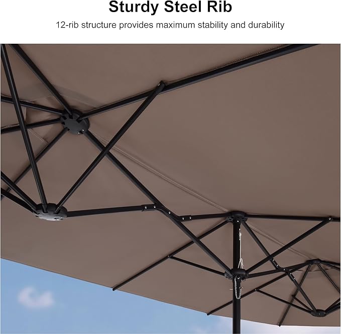 PURPLE LEAF 14ft Patio Market Umbrella with Base Double-Sided Rectangle Outdoor Table Sun Umbrellas with Crank 12 Heavy Duty Sturdy Ribs for Pool Beach Deck Backyard Taupe