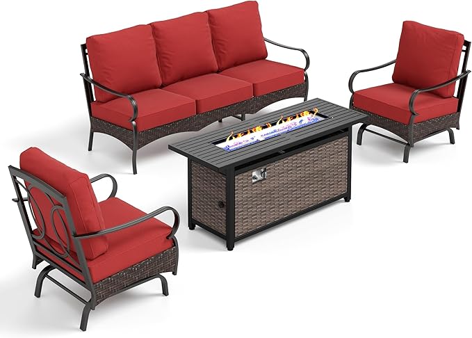 Patio Furniture Set with 56" Fire Pit Table, Premium Outdoor Wicker Metal Frame Furniture with Upgraded Waterproof Thick Cushions for Porch, Poolside, Deck, and Yard （4 Pieces,Red