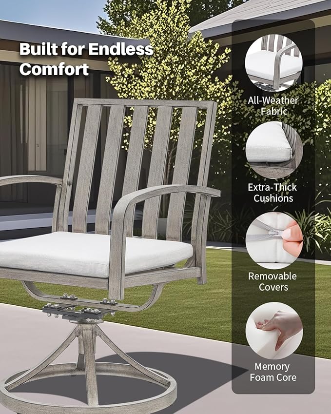 SEEHILL Aluminum Patio Dining Chairs Set of 2, 360°Swivel Outdoor Dining Chairs with Washable Cushions, Deep Seating Swivel Chairs Patio Furniture Set for Deck, Balcony, Garden, Poolside, Limed Oak
