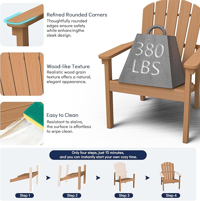 nevilywood Compact Stackable Adirondack Chairs Set of 4, 26.3" Wide HDPE Outdoor Patio Chairs - Durable, Space-Saving Design for Porch, Lawn or Garden, Teak