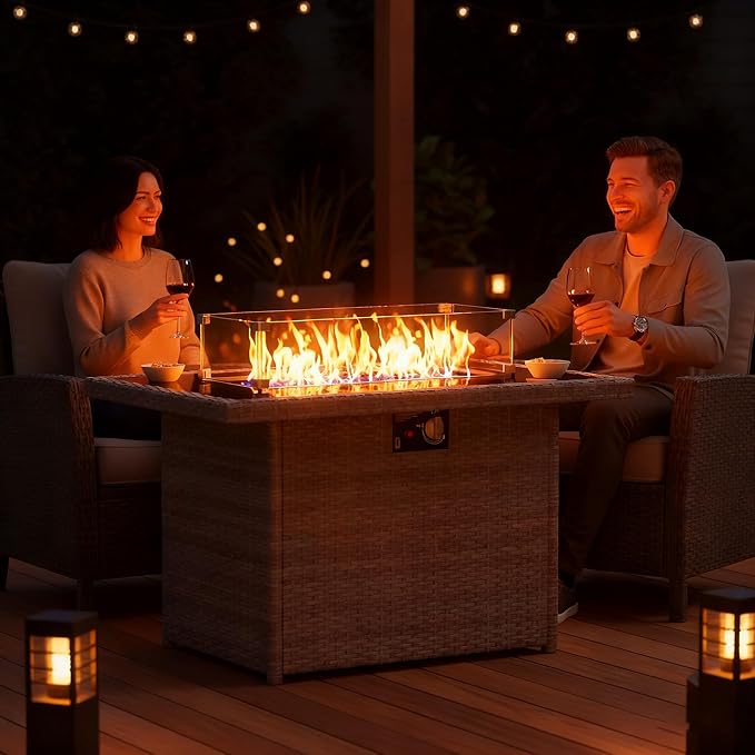 Propane Fire Pit Table, 44" Outdoor Gas Fire Pit with Glass Wind Guard & Waterproof Cover