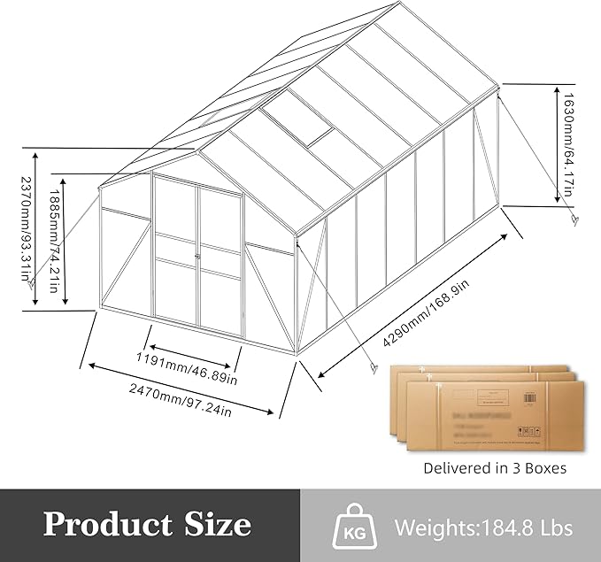 KEIKI 8x14 FT Polycarbonate Greenhouse for Outdoors, Heavy-Duty Walk-in Aluminum Greenhouse with Anchor Base, Light-Transmitting Panels & Drainage System, Black