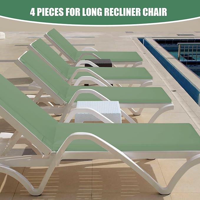 Chaise Lounge Cushions Outdoor Set of 4 - Waterproof and Fade Resistant Sun Lounger Replacement Cushions - Patio Lounger Pads with Removable Cover for Pool, Deck, 72 x 21 x 3 Inch, Sage Green