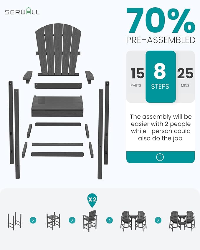 SERWALL Tall Adirondack Chairs Set of 4 with Double Layer Connecting Tray, HDPE Bar Height Outdoor Chairs, Wood-Like Adirondack Bar Stools for Patio, Balcony, Porch, Grey