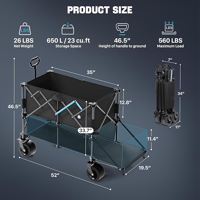 52" Heavy Duty Double Decker Wagon with Brakes,560LBS Double Decker Wagon Collapsible,650L Foldable Wagons Carts with All-Terrain Big Wheels for Sports,Camping,Fishing,Transport