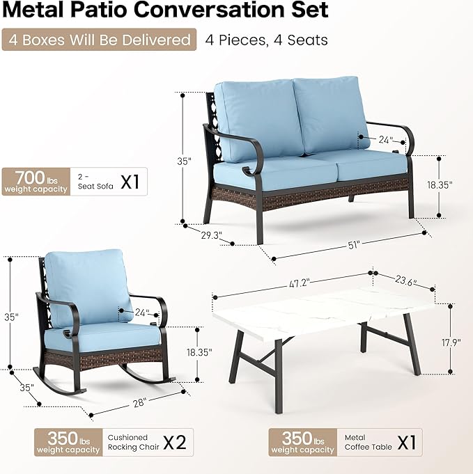 SUNSHINE VALLEY 4 Piece Metal Outdoor Patio Furniture Sets, Patio Conversation Sets 1 Loveseat, 2 Rocking Sofa with 5.75" Extra Thick Cushion and Coffee Table, Balck Frame Backyard Furniture, Blue
