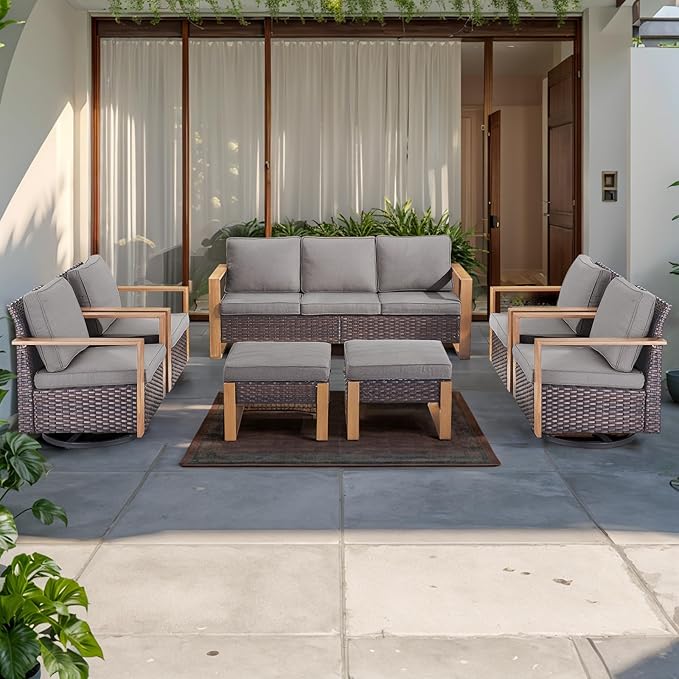 Rilyson Outdoor Wicker Patio Furniture Set - 7 Piece Patio Conversation Set with 4 Wicker Swivel Rocker Chairs,2 Rattan Ottoman and 1 Couch,Thick Cushions,Deep Seating,Wide Armrest(Brown/Grey)