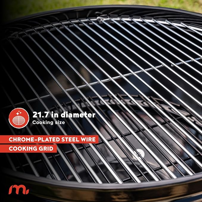 Megamaster 22" Deluxe Charcoal Barbecue Grill with Adjustable Air Vent, Built-In Temperature Gauge, 368 SQ. In Cooking Area, Storage Rack, Portable Grill for Camping, Picnics, and More - 810-23003