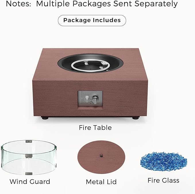 28 Inch Fire Pit Table with Wind Guard 40,000 BTU Propane Gas Fire Pit Table with Glass Rocks for Outside Patio Outdoor Backyard Deck Balcony, CSA Certified