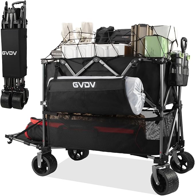 GVDV Double Decker Wagon 500LB Capacity & 400L Collapsible Carts with All-Terrain Wheels, 46" Extra Long Extender Cart with Nylon Netting, Foldable Wagon for Beach Camping Garden Sports