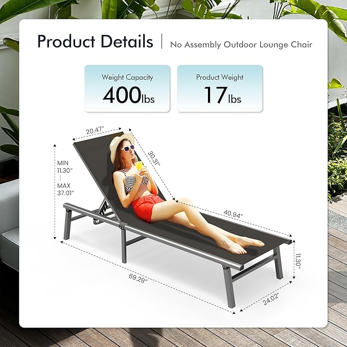 Ciokea Aluminum Chaise Lounge Ourdoor - Foldable & Assemble Free Outdoor Lounge Chair with 5 Adjustable Backrest, Patio Lounge Chair for Outside Poolside Beach Pool, Grey