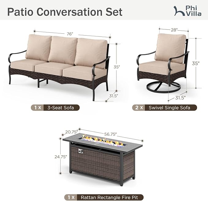 Patio Furniture Set with 56" Fire Pit Table, Premium Outdoor Wicker Metal Frame Furniture with Upgraded Waterproof Thick Cushions for Porch, Poolside, Deck, and Yard（4 Pieces,Beige