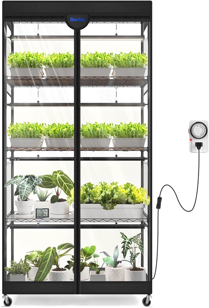 Barrina LP900 Indoor Greenhouse with Grow Light, 5-Tier Plant Stand with Tent, 180W TX-S45 3FT Grow Light 5000K Full Spectrum, Timer & Thermometer for Seed Trays, 35.4 x 13.8 x 70.9IN